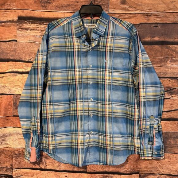 Tommy Bahama Shirt M Men’s Blue Plaid Island Zone Flip Cuff LS Button Up Pima - Picture 1 of 8